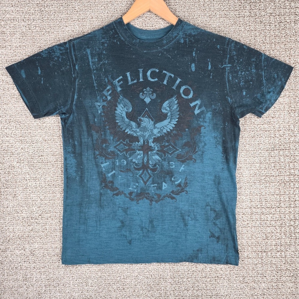 Affliction Mens Live Fast‎ T Shirt Blue Distressed Graphic Eagle Size Large